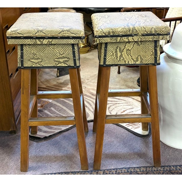 Mid Century Faux Snakeskin Upholstered Wood Stools - Signed For Sale - Image 4 of 15