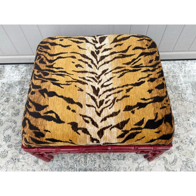 1970s Vintage Chinoiserie Red Ottoman With Tiger Fabric Upholstery For Sale - Image 9 of 12