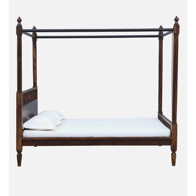 Traditional Handcrafted Solid Mango Queen Size Four Poster Bed in Teak Finish | Traditional Colonial Style Wooden Canopy Bed | Bedroom Furniture From India For Sale - Image 3 of 5