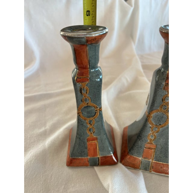 American Equestrian Candlesticks in Burnt Orange and Gray a Pair For Sale - Image 3 of 4