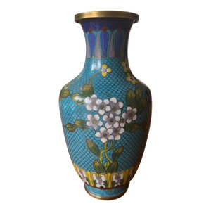 Vintage Asian Cloisonne Vase Brass and Blue Enamel With Flowers