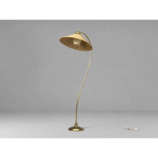 Mid-Century Modern 1950s V. Soini Oy, Rare Floor Lamp, Brass, Leather, Rattan For Sale - Image 3 of 11