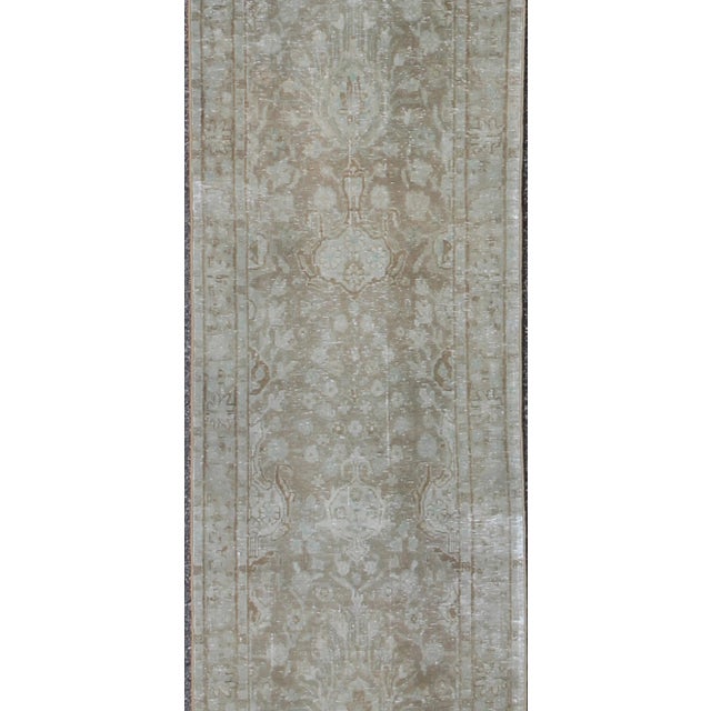 Long and Narrow Tabriz Runner With Taupe, Soft Blue and Light Brown Floral Design For Sale - Image 4 of 7