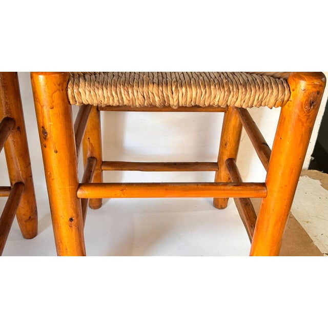 French Wood and Woven Straw Stools in the style of Charlotte Perriand, 1950s, Set of 2 For Sale - Image 12 of 16