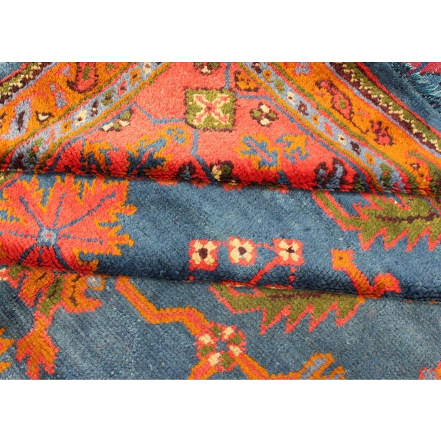 Early 20th Century Antique Turkish Oushak Rug in Vibrant Blue Red Green With All-Over Design For Sale - Image 12 of 12