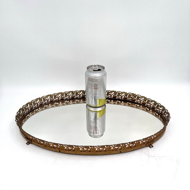 French Vintage Hollywood Regency Gold Ormolu Filigree Mirrored Long Oval Tray For Sale - Image 3 of 13