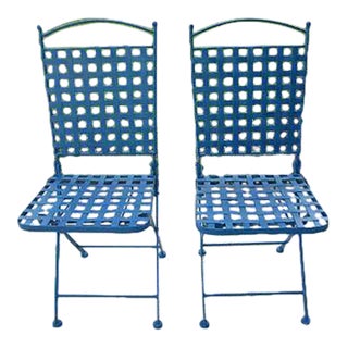 1950s Metal Folding Salterini Style Blue Garden Chairs - Set of 2 For Sale