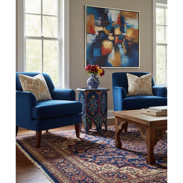 Wood Hand-Painted Moroccan Octagonal Side Table - Cobalt & Crimson For Sale - Image 7 of 9