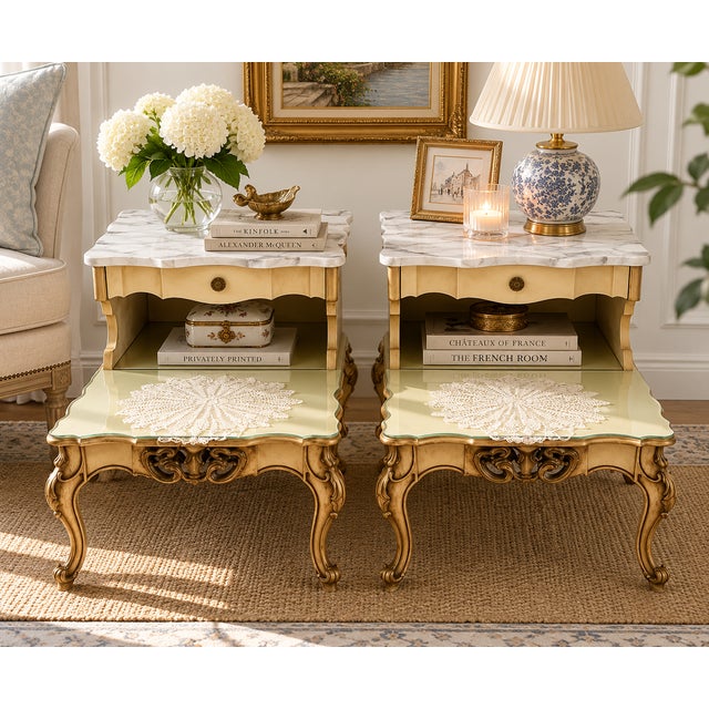 2 vintage French provincial cherry side end tables nightstands w glass made in Italy. Featuring: Marble Tops, custom cut...