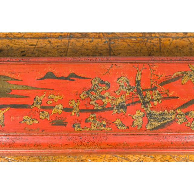 Chinese Qing Dynasty Red Lacquered Scroll Box with Distressed Gold Chinoiserie For Sale - Image 11 of 13