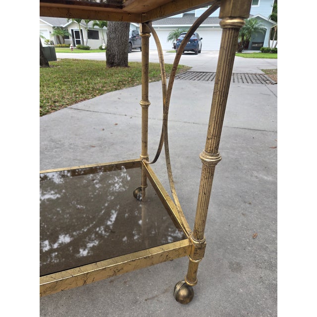 Hollywood Regency Brass & Burl Wood Bar Cart W/ Removable Tray & Tinted Glass For Sale - Image 9 of 10