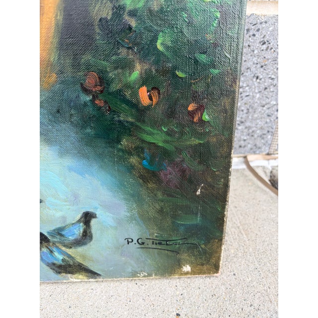 Mid 20th Century Vintage p.g. Tiele Signed Impressionist Oil Painting of Children Feeding Birds For Sale - Image 5 of 7