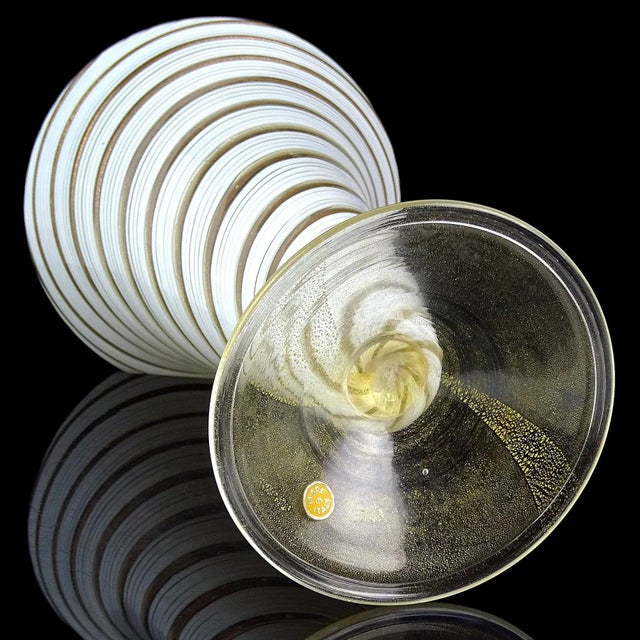 Vintage Murano Large White Copper Aventurine Ribbons Italian Art Glass Footed Flower Vase For Sale - Image 9 of 9
