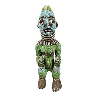 Late 20th Century African Tribal Art Carved Wood and Beaded Bamileke Statue From Cameroon For Sale