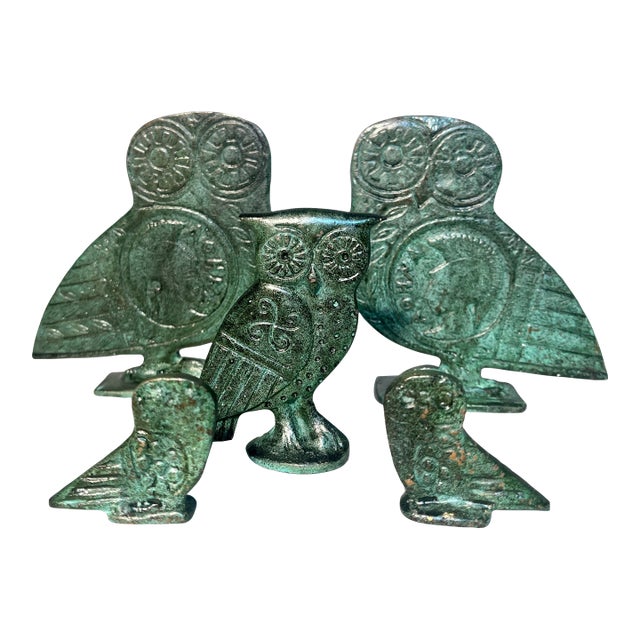 A Bronze Owl Family of 5 From Greece by C.Sclavenitis Greek Coin Pattern For Sale
