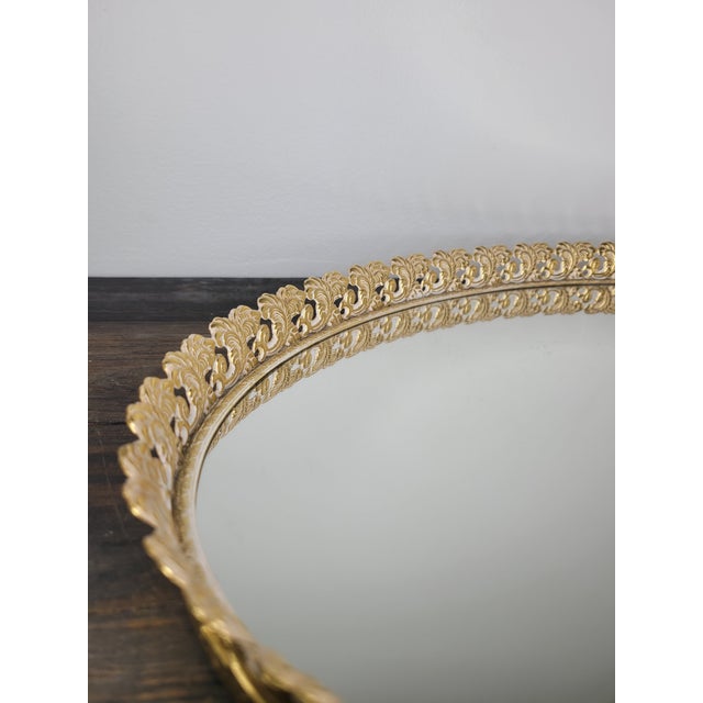 Mid 20th Century Hollywood Regency Oval Mirrored Vanity Tray With Gold Filigree For Sale In Mobile - Image 6 of 12