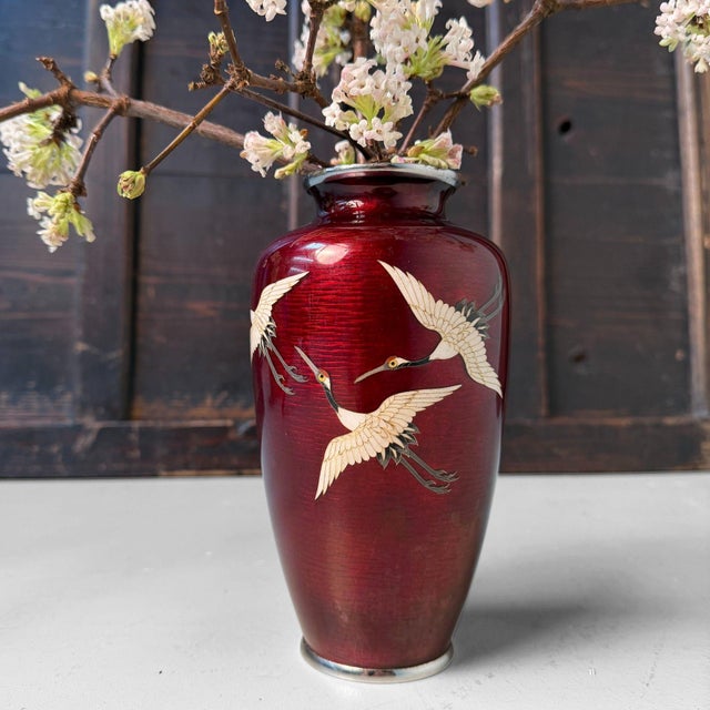 Shippo-Yaki Cloisonné Vase Cranes, Andō Shippōten, 1970s For Sale - Image 11 of 18