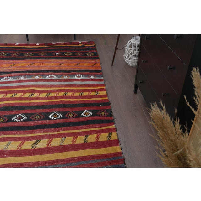 1960 Vintage Anatolian Flatweave Kilim Runner - Handwoven Striped Rug With Geometric Tribal Motifs - Red Yellow Black Accent Rug For Sale - Image 9 of 9