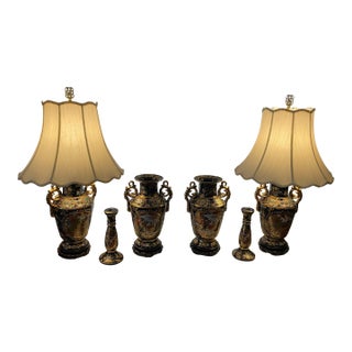 Vintage 6-Piece Japanese Satsuma Style Room Collection - Lamps, Vases & Candlesticks For Sale