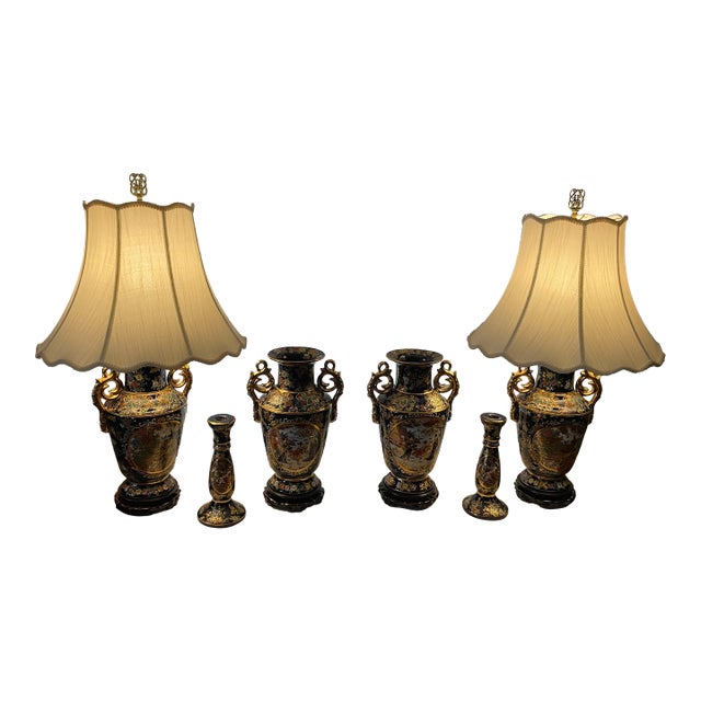 Vintage 6-Piece Japanese Satsuma Style Room Collection - Lamps, Vases & Candlesticks For Sale