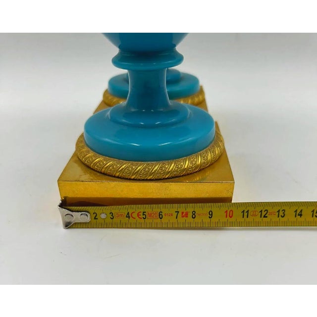 Antique Charles X French Vases in Blue Opaline and Gilded Bronze, Set of 2 For Sale - Image 9 of 13