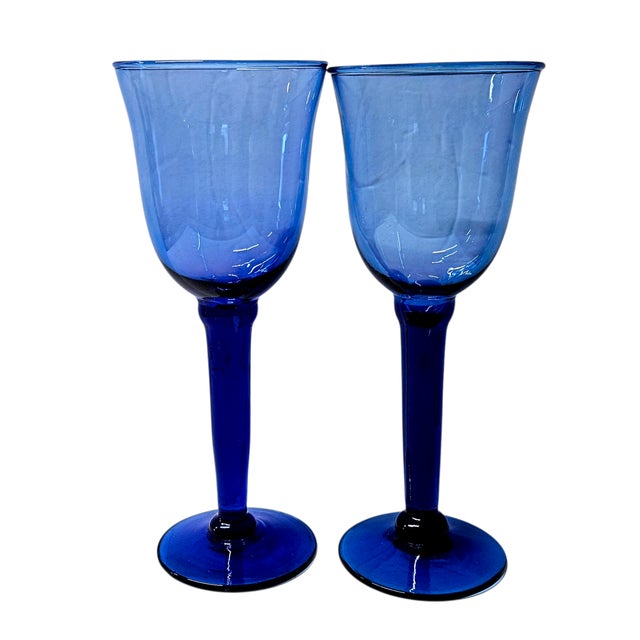 Late 20th Century Late 20th Century Mexican Handblown Cobalt Blue Stem Glasses, Set of 9 For Sale - Image 5 of 13