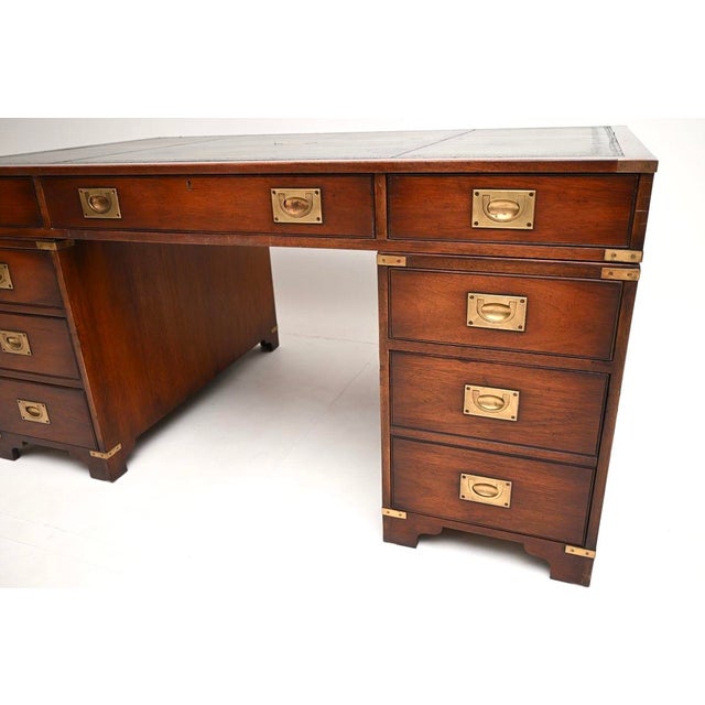 Antique Leather Top Military Campaign Partners Desk, 1950 For Sale - Image 10 of 11