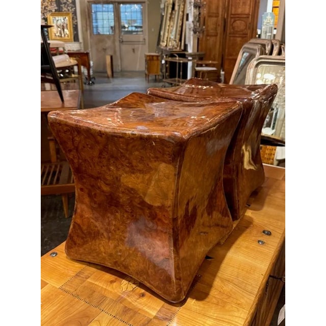Pair of Burl Walnut Wood Stools For Sale - Image 4 of 6