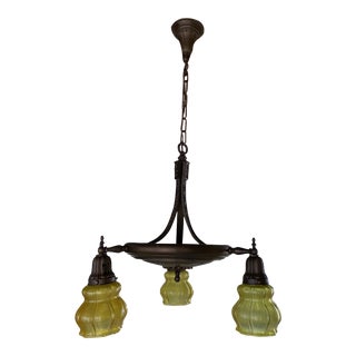 1920s Vintage Three Light Brass Hanging Fixture With Vintage Shades For Sale