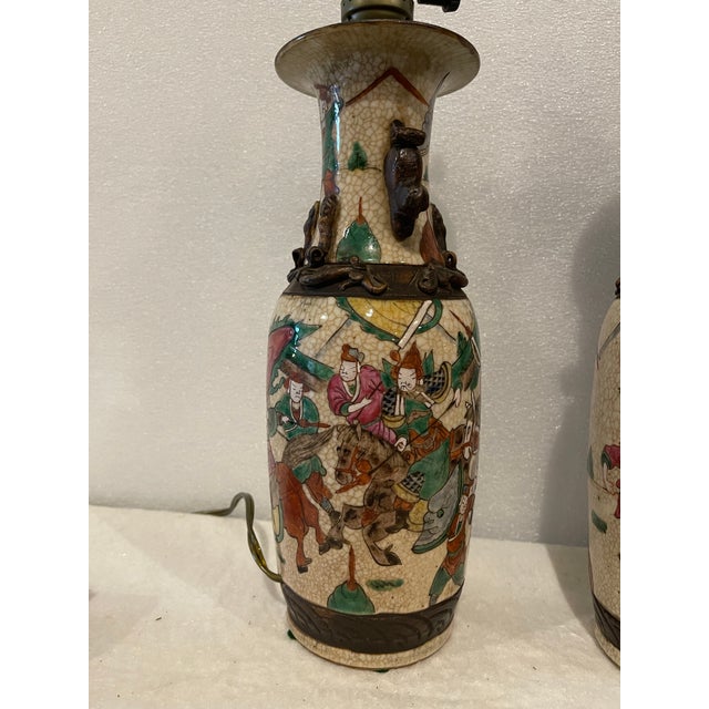 Chinoiserie Pair of Antique Chinese Nanking Famille Verte Vases Mounted as Lamps For Sale - Image 3 of 7