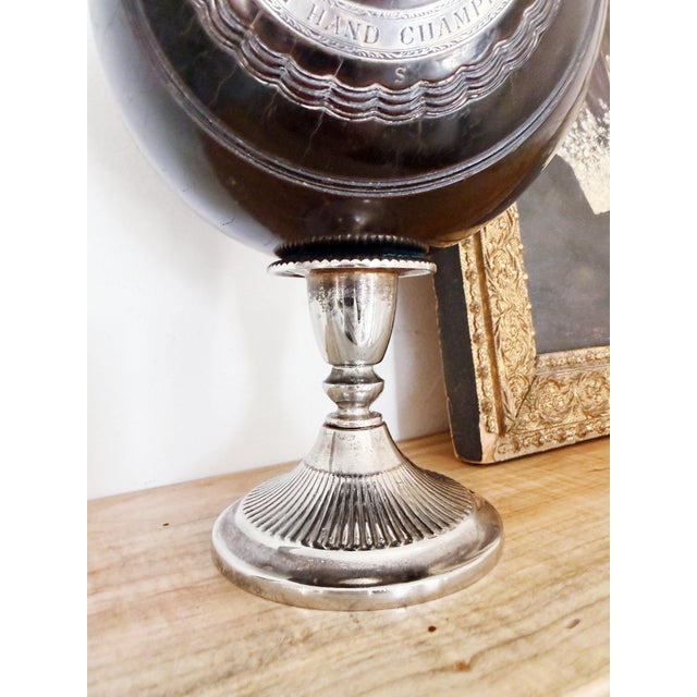 A wonderful antique English circa 1916 heavy wooden lawn bowling or bowls ball with two sterling silver plaques, one...