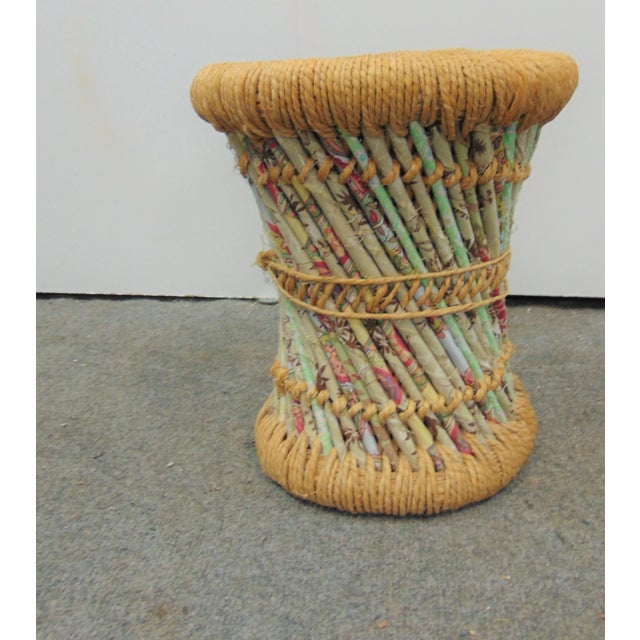 Mid century modern style stool, made of woven rope with twisted fabric sides