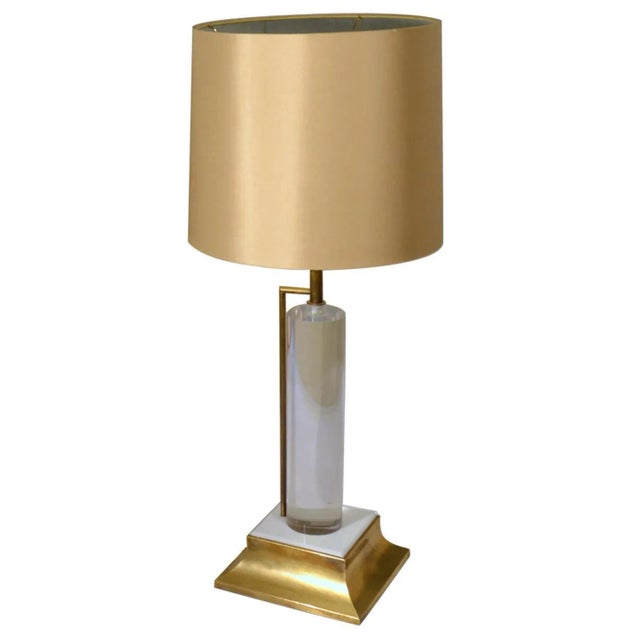 Acrylic Glass and Brass Italian Table Lamp with Silk Lamp Shade, 1960s For Sale - Image 9 of 9