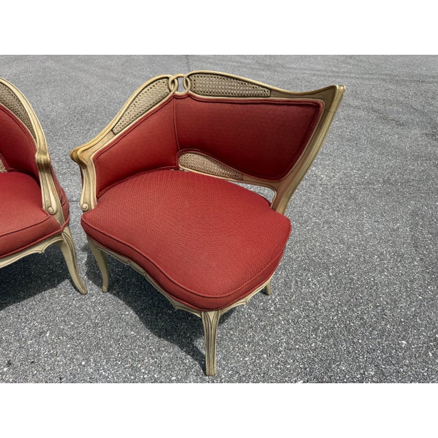 French Provincial 1940s French Provincial Fauteuil Carved Wood Upholstered Chairs For Sale - Image 3 of 17