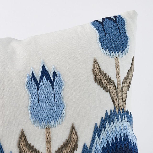Schumacher Schumacher Tulip Flamestitch Lumbar Pillow in Blue For Sale - Image 4 of 5
