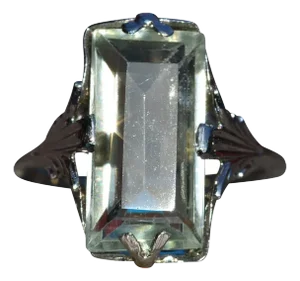 The Pleasanton: Antique Filigree Ring set with Elongate Emerald Cut Praisiolite