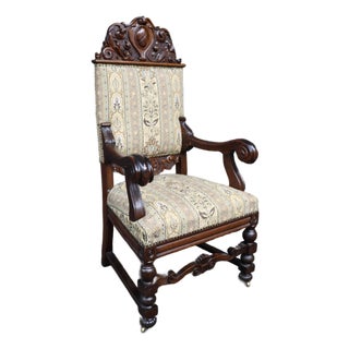 Renaissance Revival Quarter Sawn Oak Throne Armchair For Sale