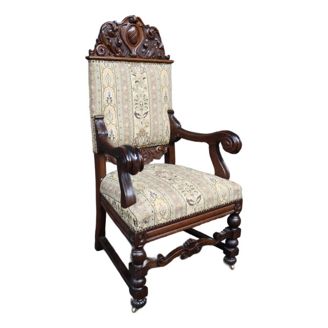 Renaissance Revival Quarter Sawn Oak Throne Armchair For Sale