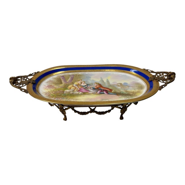 Vintage Hutschenreuther Bavaria Porcelain Vanity Tray – Fragonard Courting Scene With Cobalt & Gold Ormolu-Style Rim For Sale