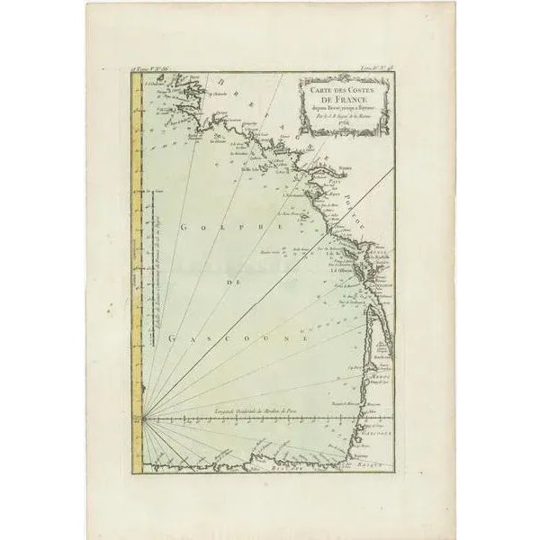 Antique map titled 'Carte des Costes de France depuis Brest jusqu'á Bayone'. Original old map of the coast of France...