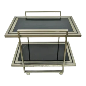 Mid Century Modern 2 Tier Chrome & Green Glass Milo Baughman Dia Style Bar Cart