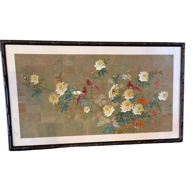 Mid 20th Century Monumental Pair of Mid-Century Chinoiserie Bird & Floral Paintings on Cork - Framed For Sale - Image 4 of 5