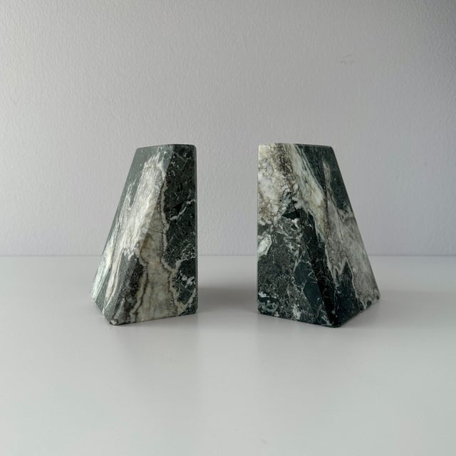 Postmodern Late 20th Century Green Marble Slanted Bookends- Pair For Sale - Image 3 of 12