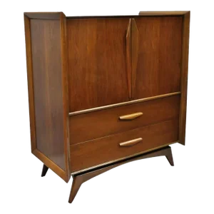 Vintage Mid Century Modern Sculpted Angled Walnut Highboy Tall Chest Dresser