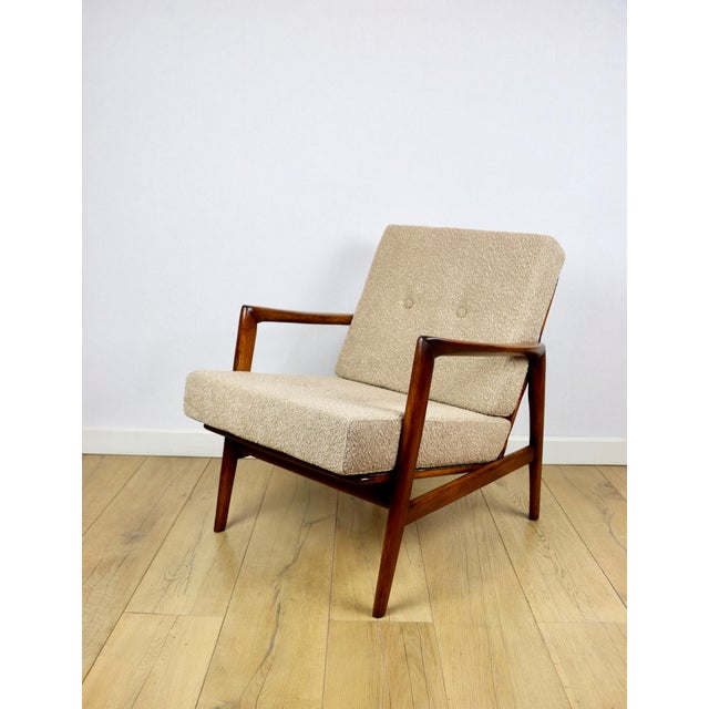 Wood Polish Beige Gold Bouclé Lounge Chair, 1970s For Sale - Image 7 of 11