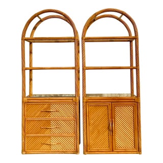 Vintage Coastal Chevron Rattan Arched Etagere - a Pair For Sale