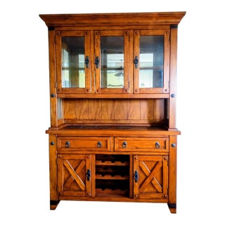 Wooden Storage Cabinet and Illuminated Display Case, Featuring a Wine Rack, Drawers, and Doors For Sale
