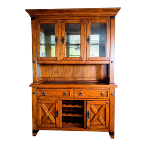 Wooden Storage Cabinet and Illuminated Display Case, Featuring a Wine Rack, Drawers, and Doors