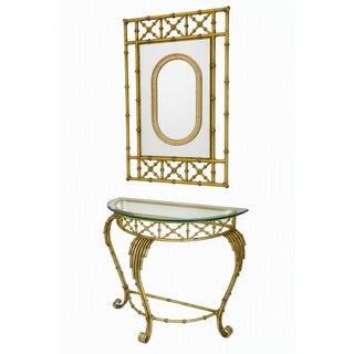 Vintage Hollywood Regency Faux Bamboo Console Table & Mirror Set Demilune Palm Beach Regency 1970s For Sale