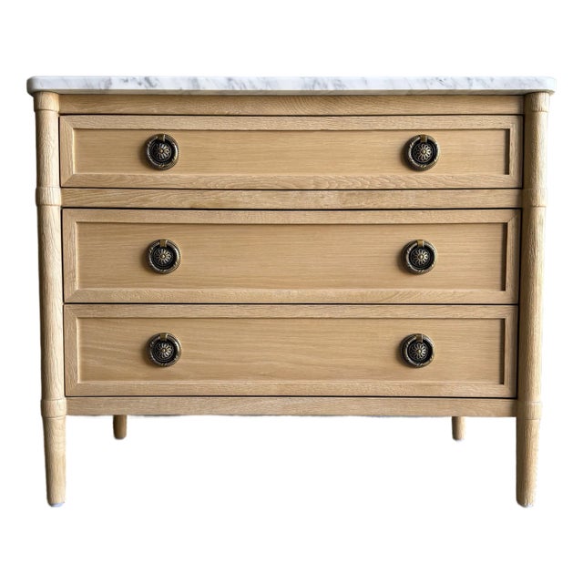 Marie Classic White Oak 3 Drawer Night Stand White Marble Top Natural Finish For Sale